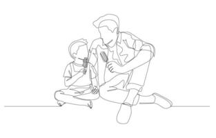 Continuous one line drawing of father and son sitting and eating ice cream together, father and son concept, single line art. vector