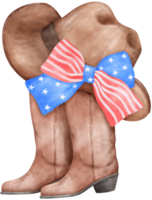 Coquette Cowboy Boot and hat with 4th of July stars and stripes Ribbon Bow, Patriotic Trendy Art png