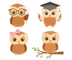 Cute owl in graduation cap, with glasses and pointer. Wise owl cartoon character set isolated on white. vector