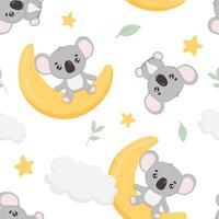 Seamless pattern with cute koala on crescent moon and stars. Funny childish background for fabric vector