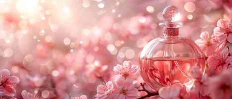 luxury glass perfume bottle with cherry blossom flowers on empty natural pink background theme a wide banner with copy space area photo