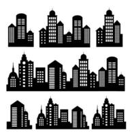 Landscape set of buildings silhouetted on white background. A black outline of low-rise and high-rise complexes and skyscrapers. Structural constructions placed urban objects vector