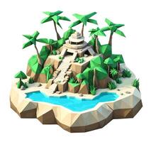 3D isometric low poly of a tropical island with the river, graced with minimalist low-polygon trees. illustration is a creative toolkit for designing in a distinctive style vector