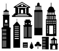 Landscape set of buildings silhouetted on white background. A black outline of low-rise and high-rise complexes and skyscrapers. Structural constructions placed urban objects vector