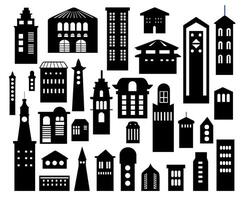 Landscape set of buildings silhouetted on white background. A black outline of low-rise and high-rise complexes and skyscrapers. Structural constructions placed urban objects vector