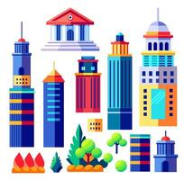 Landscape set of buildings silhouetted on Outline of low-rise and high-rise complexes and skyscrapers. Structural constructions placed urban objects vector