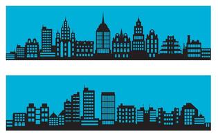 Landscape set of buildings silhouetted on white background. A black outline of low-rise and high-rise complexes and skyscrapers. Structural constructions placed urban objects vector