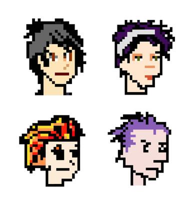 set pixel punk heads of people with different colored hair, various art styles, 8 bits graphics, icons in pictogram of male and fun people female faces