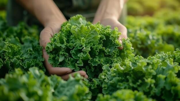 A farmer's hands picking the vibrant green lettuce's leaves against the backdrop of sunlit fields. Generated by artificial intelligence. photo