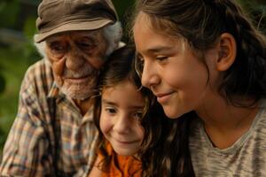 Older Man and Two Young Girls Smiling Together photo