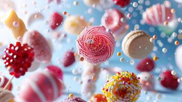 colorful sweets levitatng on soft blue background photo