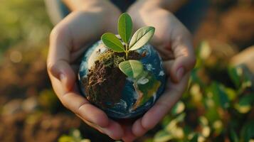 A close up of hands holding planet earth with growing plant on it, embodying the essence of Earth Day and the importance of eco-friendly photo