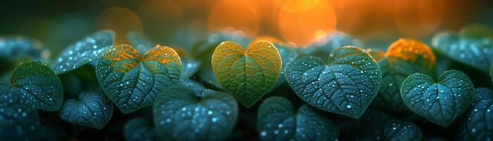 close up of heart shape leaves with droplets on natural garden background with bokeh of morning light photo