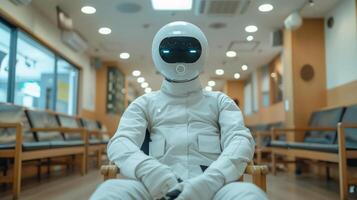 AI Robot wearing white costume sitting on a chair in the modern office for a job interview photo