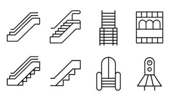 Escalator and stairs up and down editable stroke outline icons set isolated on white background flat illustration. Pixel perfect. 64 x 64 vector