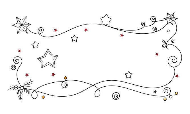 Hand drawn Christmas frame and droder with stars One line continuous line art illustration on white background