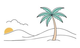 Beach with plam tree One line continuous line art illustration on white background. vector