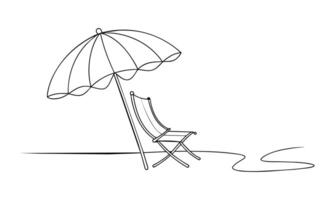 Hand drawn beach umbrella and chair One line continuous line art illustration on white background. vector