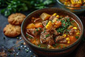 A bowl of corn and pork soup, with large pieces of meat and vegetables in the background. photo