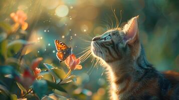 Cat gazing at a fluttering butterfly photo