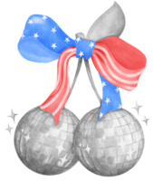 Groovy 4th of July Watercolor Illustration Disco Ball with Stars and Stripes Ribbon Bow png