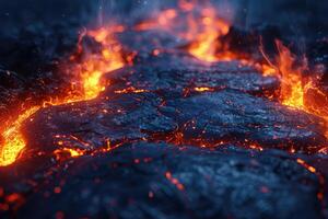 Magma, scorched rock floor with molten rocks and lava cracks. photo