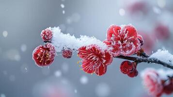 A stunning image capturing pink flowers under a delicate blanket of snow, contrasted against a soft background photo