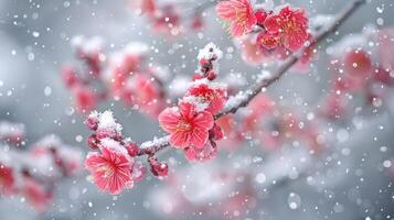 A stunning image capturing pink flowers under a delicate blanket of snow, contrasted against a soft background photo