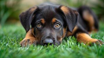 Loyal puppy lying down on green grass photo