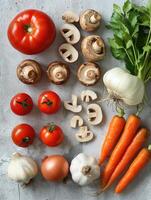 Fresh vegetables like tomatoes, carrots and garlic are neatly organized photo