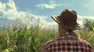 A farmer looking towards the crops. Field landscape from the back. Generated by artificial intelligence. photo