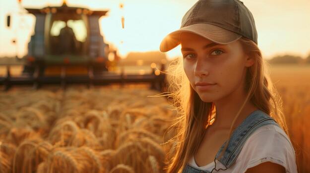 A beautiful woman farmer in front of a combine harvester in a golden wheat field, wearing a baseball cap and overalls in the golden hour lighting. Generated by artificial intelligence. photo