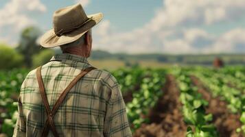 A farmer looking towards the crops. Field landscape from the back. Generated by artificial intelligence. photo