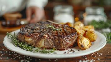 Tomahawk steak in a white plate with rosemary and garlics on kitchen background, juicy beef steak photo