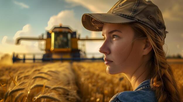 A beautiful woman farmer in front of a combine harvester in a golden wheat field, wearing a baseball cap and overalls in the golden hour lighting. Generated by artificial intelligence. photo