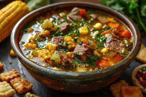 A bowl of corn and pork soup, with large pieces of meat and vegetables in the background. photo