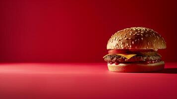 A burger on mono color studio with red background, product shooting vibes, the burger patty looking delicious. Generated by artificial intelligence. photo
