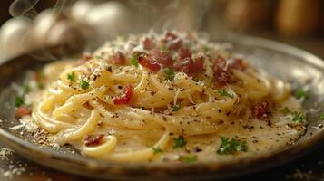 Pasta with tomatoes and spinach in a bowl. An Italian spagetti dish, close up, parmesan cheese, food photography. Generated by artificial intelligence. photo