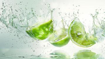Green lemons halves colliding on the water. Water splash, white background, food photography. Generated by artificial intelligence. photo