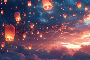 Floating lanterns ascending into a dusky sky, symbolizing hope and celebration photo