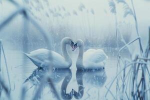 Swans forming a heart shape on misty lake photo