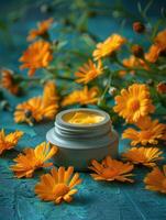 Calendula cream and calendula flowers photo