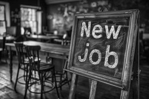 A chalkboard with the phrase New Job creatively inscribed stands in a vintage cafe setting, conveying a message of career change or new beginnings photo