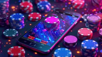 Colorful casino chips with smartphone on table photo
