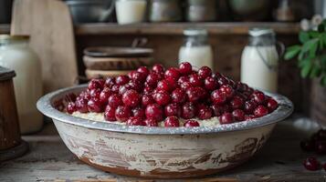 Freshly picked lingonberries in a pot. Vibrant red berries, jam, food photography. Generated by artificial intelligence. photo