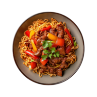 a top view plate of fried noodles with meats and vegetables isolated on a transparent background, png