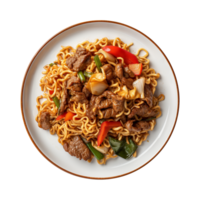 a top view plate of fried noodles with meats and vegetables isolated on a transparent background, png