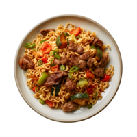 a top view plate of fried noodles with meats and vegetables isolated on a transparent background, png
