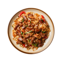 a top view plate of fried noodles with meats and vegetables isolated on a transparent background, png