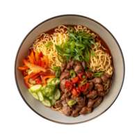 a top view plate of fried noodles with meats and vegetables isolated on a transparent background, png